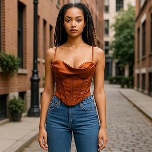 Parthea Womens Boned‎ Corset Top Satin Draped Bodice Rust color Back zip